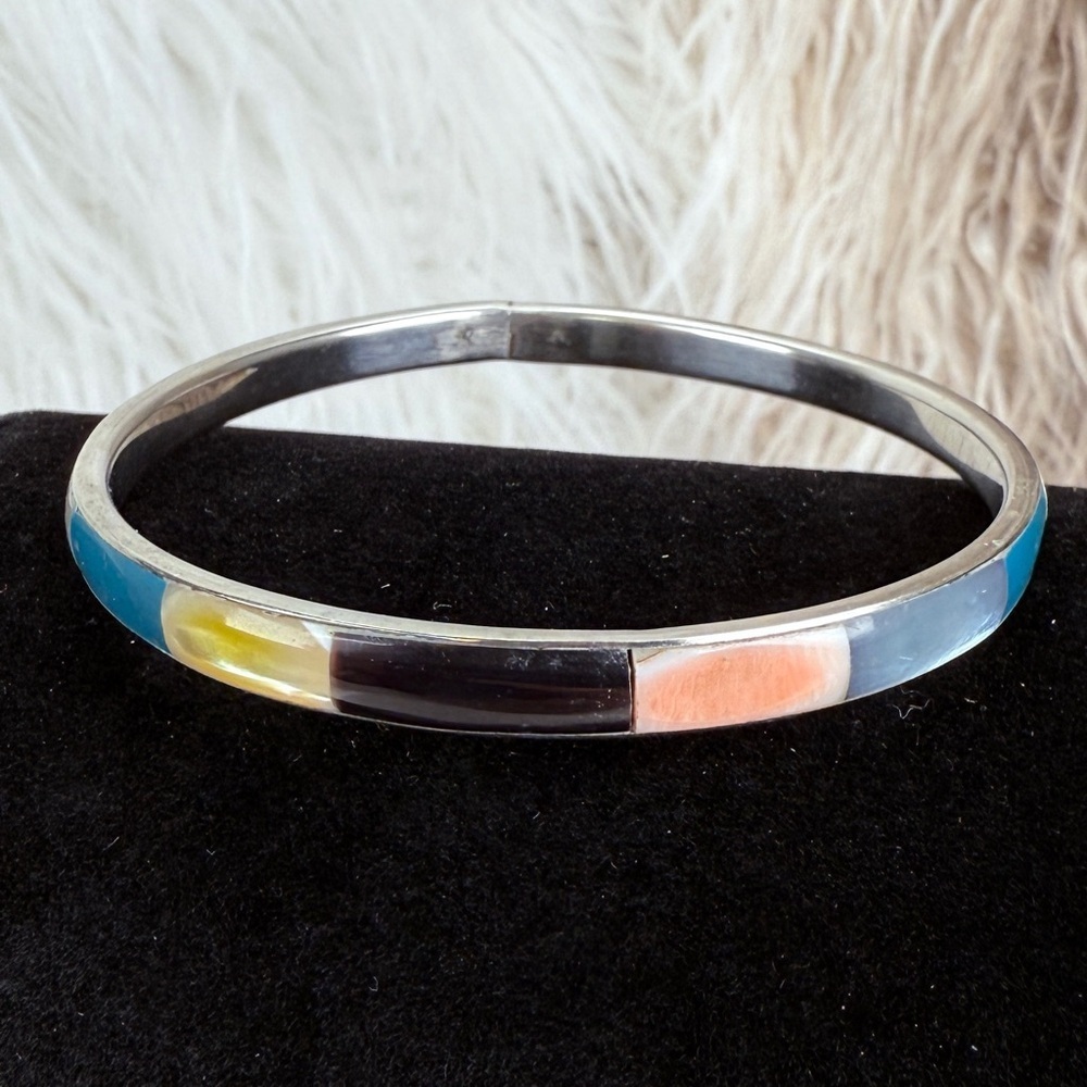 Vintage Silvertone Colorful Bangle Bracelet - Picture 6 of 11